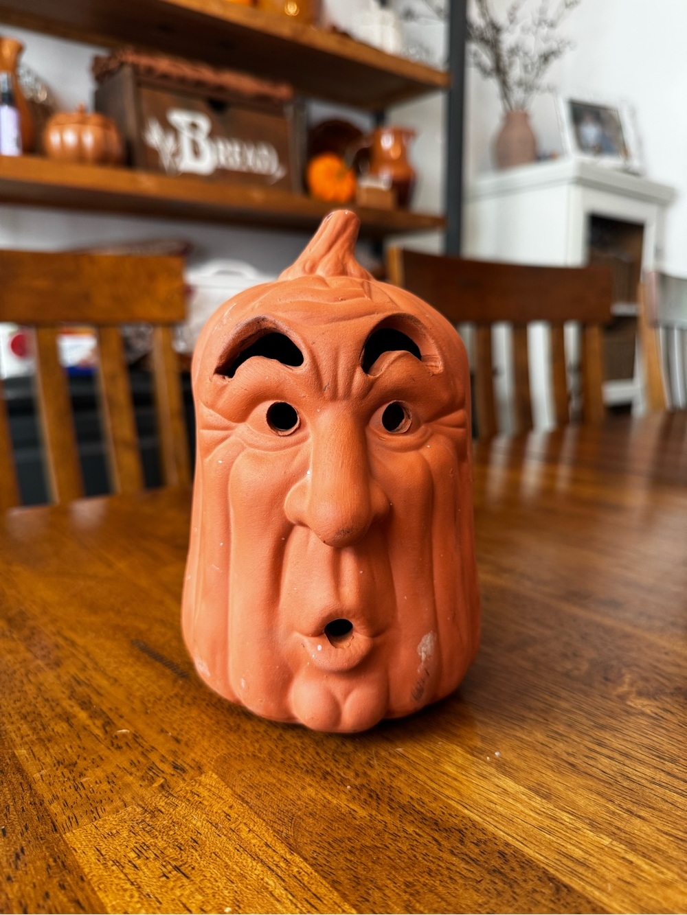 Terracotta Ceramic anthropomorphic Pumpkin Face Sculpture Halloween candle holde